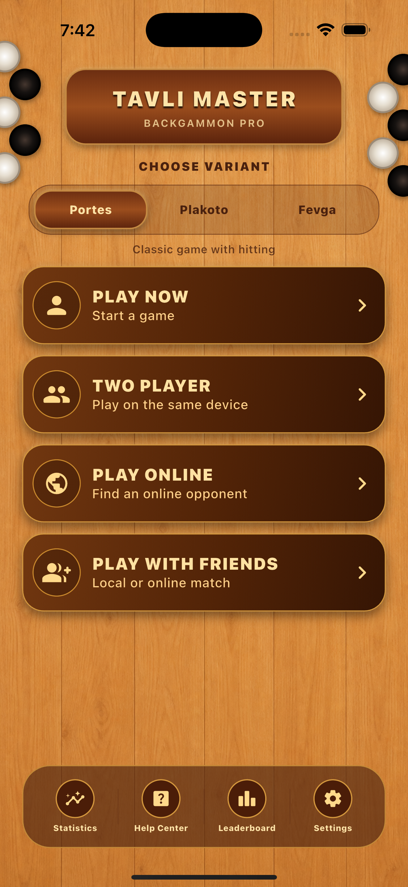 The latest Backgammon Greek Pro home screen with its four ways to play